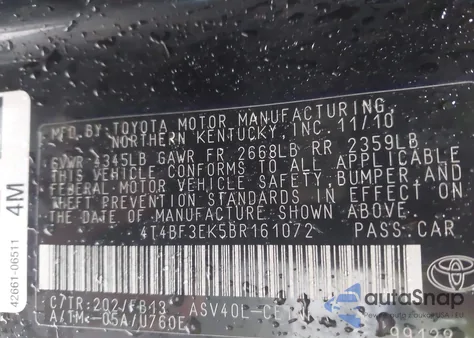 2011 Toyota Camry Le из США, поврежденный, VIN 4T4BF3EK5BR161072